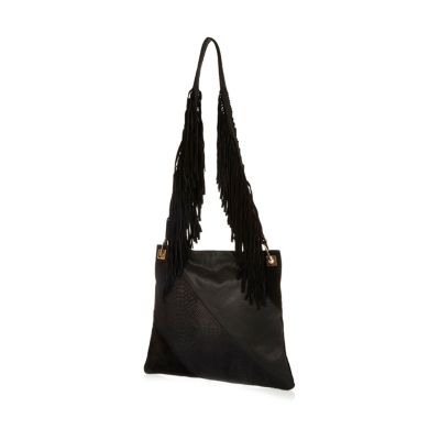 Black leather fringe cross body handbag